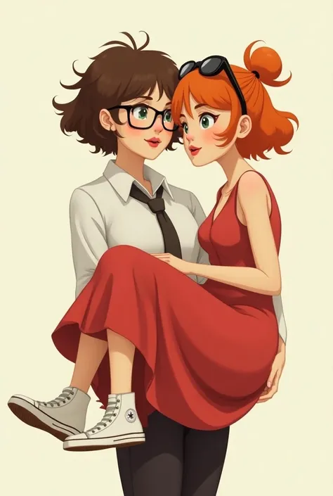 Girl with slightly messy curly hair wearing a white dress shirt and a tie and glasses with dress pants carrying in her arms a girl with copper hair with sunglasses on her head and a red dress with white anime convers