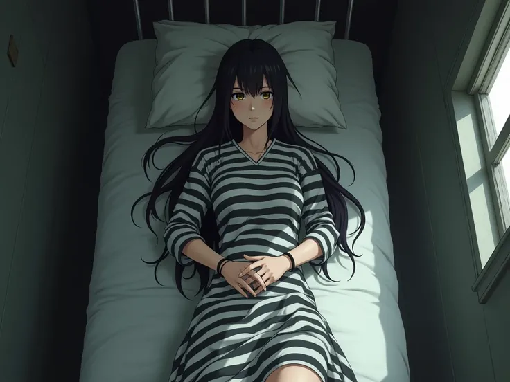 IU is wearing long striped prisoner uniforms. Her long striped prision uniform looks old and untidy. She is lying on her bed with her hands Tied on the bed. The setting is in the old prision cell. You are looking her from the top. High Resolution, Long Hai...