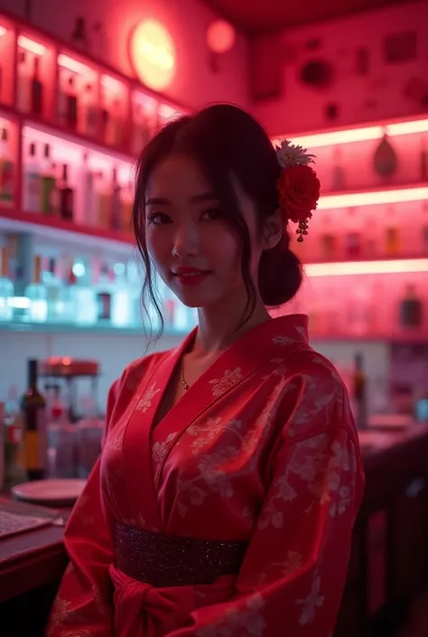 Realistic, theme is "Neon Town at Night", beautiful Japanese club hostess, dressed in a kimono, serving customers at the club, bright interior, perfect make-up, beautifully styled hair, lovely smile, bust shot, the shelves in the background lined with liqu...