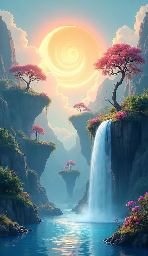 "Create a dynamic animation of a surreal, floating island scene with a glowing, swirling sun in the background. The waterfall flows smoothly from the floating islands into a calm blue river below. The water cascades continuously with smooth, realistic moti...