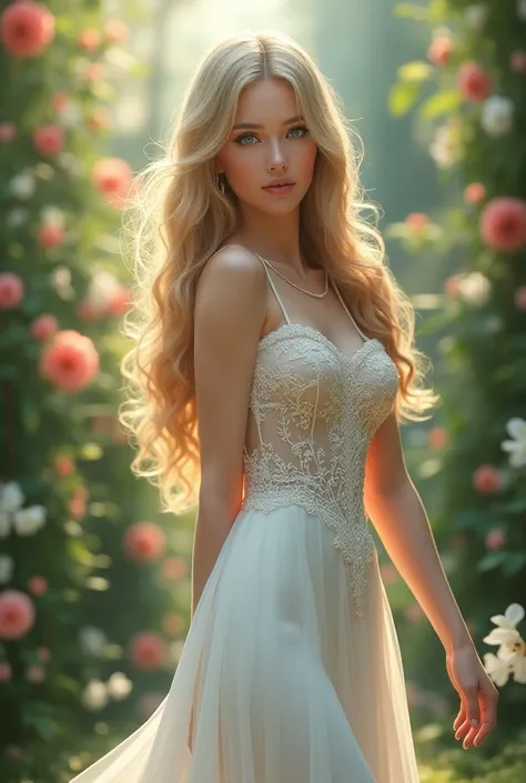 a beautiful young girl with stunning blue eyes, long flowing blonde hair, a curvy hourglass figure, standing in a lush garden, an elegant white dress, soft natural lighting, detailed facial features, intricate floral patterns, highly realistic, photorealis...