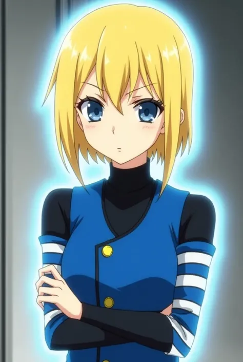 Hair: The character has blonde hair in a chin-length bob cut. It’s parted down the middle, and the hair is straight with stylized shine, following an anime aesthetic. The color is bright yellow with some shaded details that add volume.

Facial Expression a...