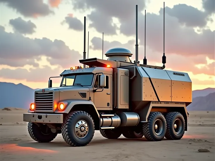     Navistar Truck year 2024  ,   8x8 wheels off Road ,  military vehicle with bidirectional antennas  ,   and an extra flat Doppler radar  ,   mini listening dome  ,    imposing and dominant in the picture   ,   in a dramatic context  ,    as a backdrop a...