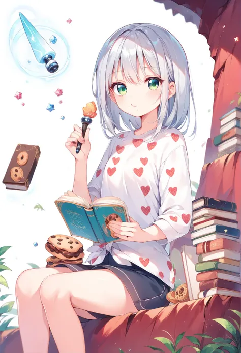 Fraction_9, Fraction_8_up, Fraction_7_up, source_ Japanese cartoons , (Red Cliff), Eat cookies ,  heart-patterned shirt, Sitting, Silver Hair,  emerald eyes, books, Magic Wand,  simple background 