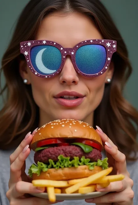 The model wears crystal sunglasses with stars and the moon on the glass. Presentation of a Beetroot and Quinoa Burger product presented with whole wheat hamburger bread.,  French Fries, tomato and lettuce