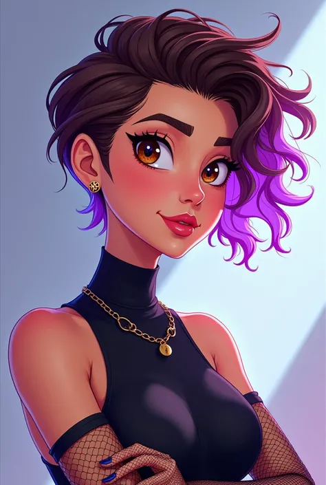 ((art animation 2D))  20 year old woman with brown hair cut in a curly pixie shape with the ends dyed purple, brown eyes, with good body, wearing a black top and net gloves 