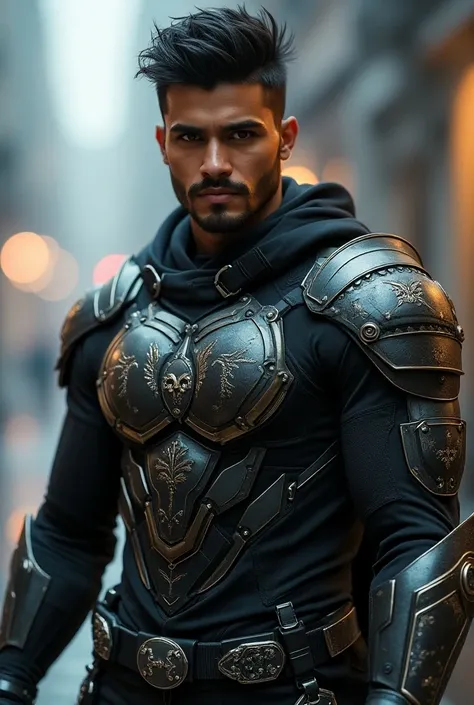 Make a Indian under 24 young male handsome gorgeous fit  witcher super hero modern version  armoured 