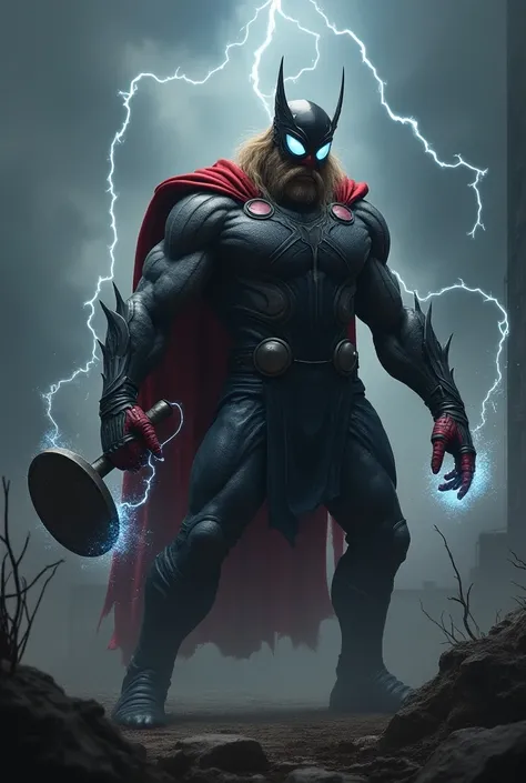 I want to make a dangerous hybrid photo of a thor and an spider-man with dark theme no wings