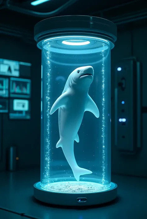  Imagine a futuristic capsule ,  of a cylindrical or perhaps more stylized shape ,  with walls of glass or transparent material . Inside the capsule ,  a shark is suspended in a shiny liquid ,  with a slight bioluminescence that highlights its details .  T...