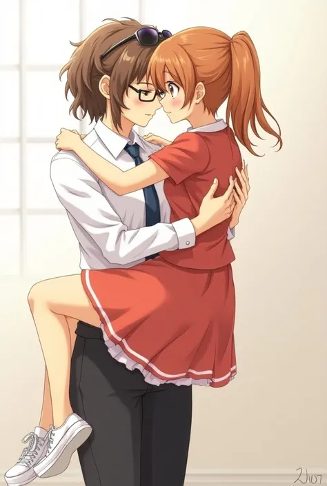 A girl with slightly messy curly hair wearing a white dress shirt and a tie and glasses with dress pants carrying in her arms a girl with straight copper hair with a ponytail with sunglasses on her head and a short red dress with white anime convers