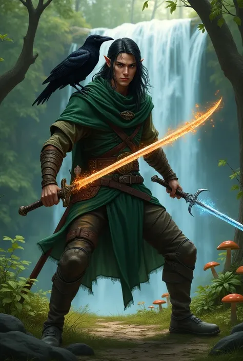 Realistic full body image of a male elf ranger with pale skin. long black hair. Dark blue eyes. Ears are subtly pointed. He is wearing a subtlety camouflaged forest green cloak over brown leather armor. he is holding a longsword in each hand. One sword wit...