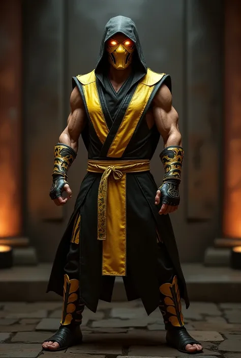 full-length image ,  From the movie Mortal Combat Scorpion , glowing fiery eyes ,  golden yellow metallic relief mask  , amazing yellow and black stiff sleeveless kimono with shoulder pads, standing full-length in a fighting stance in the temple , ,3d ,  c...