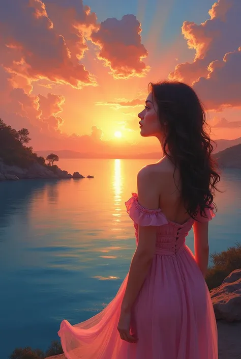  Beautiful sunset painting Beautiful woman is looking at sunset, she is wearing pink dress,Orange with yellow sky blue river at sunset 3D background ,4K