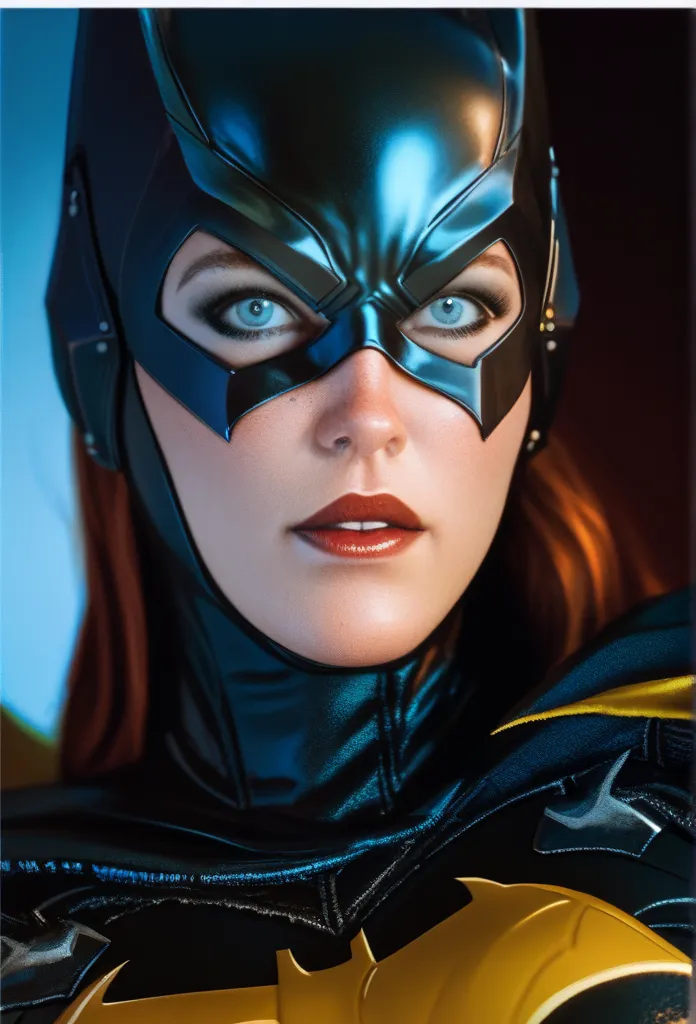 ( close-up of a woman in a batman costume, posing for a picture), extremely detailed ,  anigerl batman , style ,  greg rutkowski...