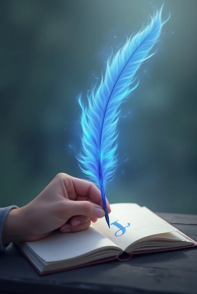 Generate an image of a hand holding a birds feather wrapped in blue flames and with it writing in its notebook a small J