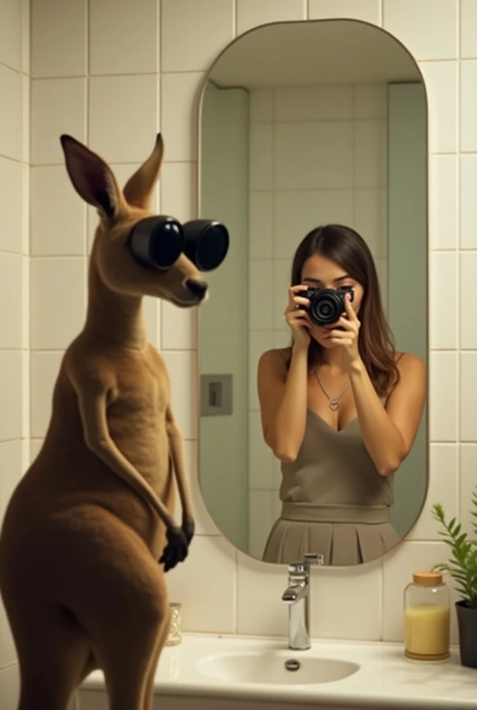 A kangaroo with black lenses and a 33-year-old lady taking a picture in a bathroom mirror 
