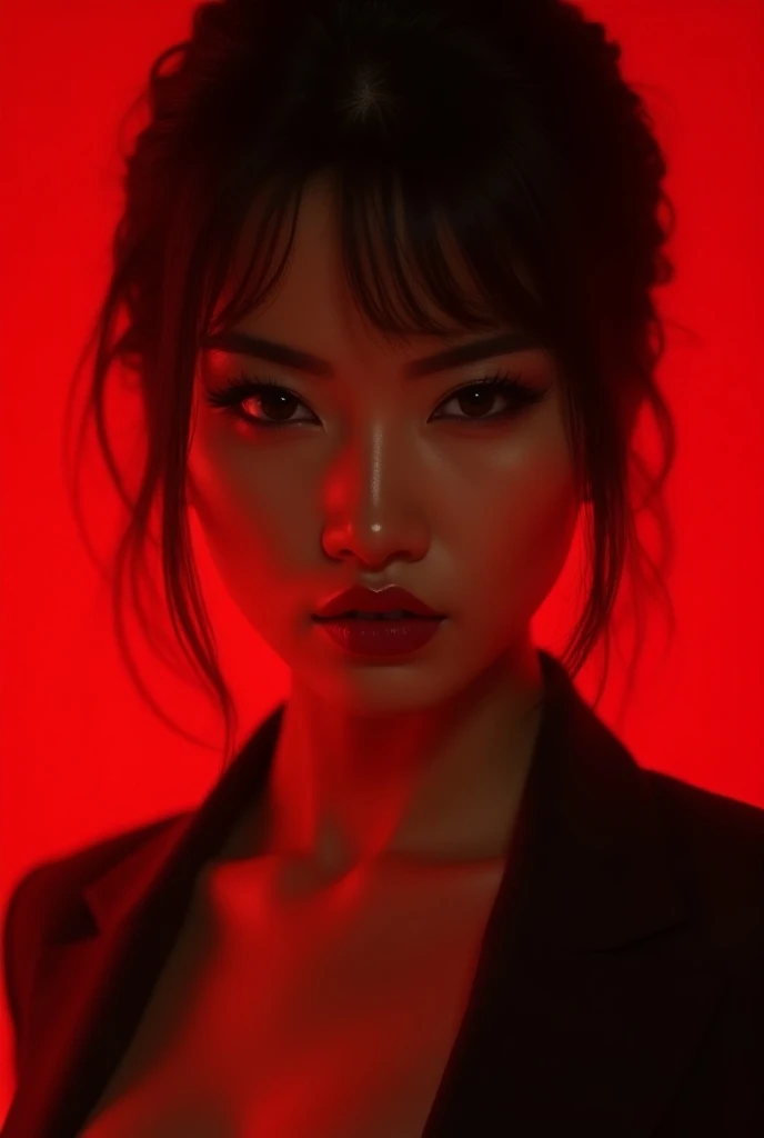 a gangster asian girl in a red background, detailed face, beautiful detailed eyes,beautiful detailed lips,extremely detailed eyes and face,longeyelashes, black cloth, chiaroscuro lighting, cinematic composition, 8k,best quality,4k,highres,masterpiece:1.2,u...