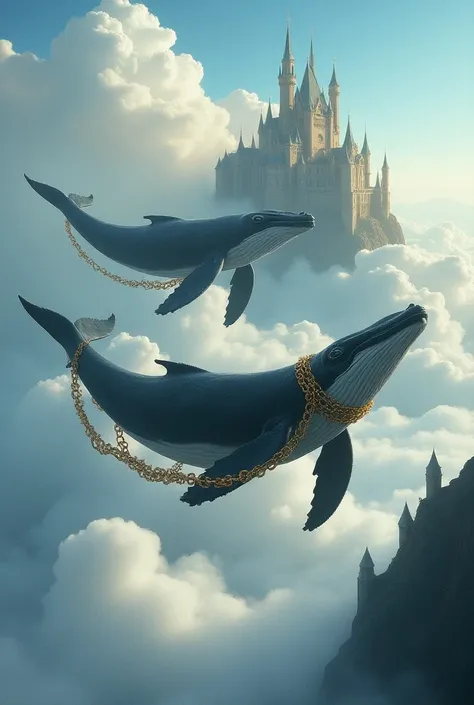 Two whales with golden chains flying above the clouds with a castle on top of a mountain 