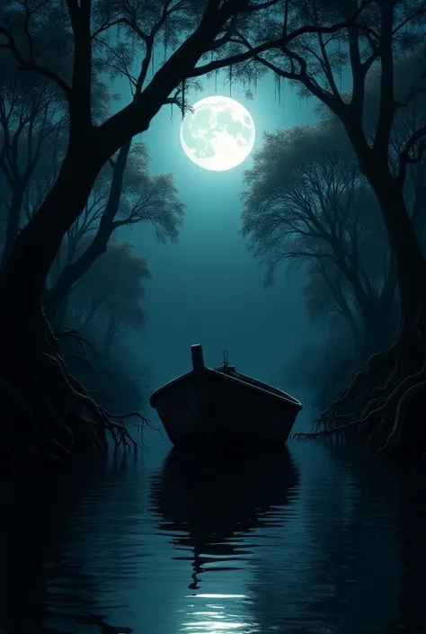 abandoned boat on a full moon night in a mangrove