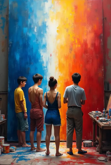 ren are painting a picture.
The one on the left painted blue .
 The one on the center painted white . 
 The one on the right painted in red .