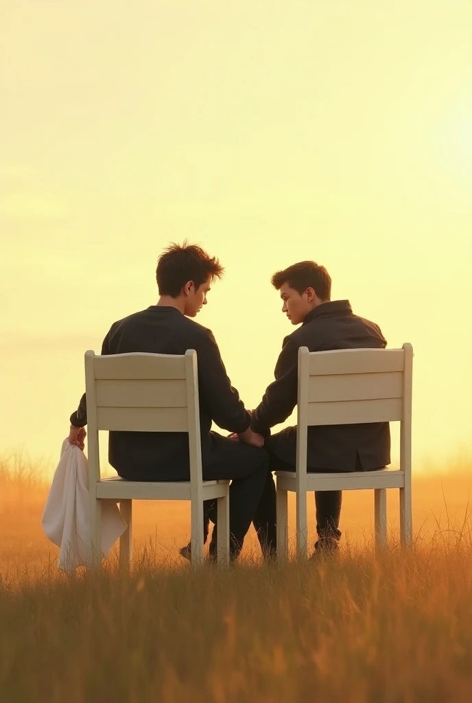 Two white chairs together resting each of their backs on an open field.  On a chair there is a young man dressed in black holding a white cloak in his hand, While the other chair is empty. The day is in its golden hour 