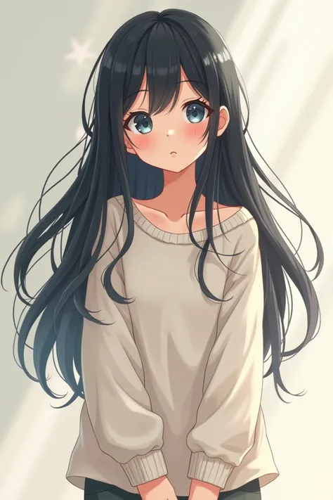 Anime girl, shy, cute, oversized shirt, long black hair and blue eyes