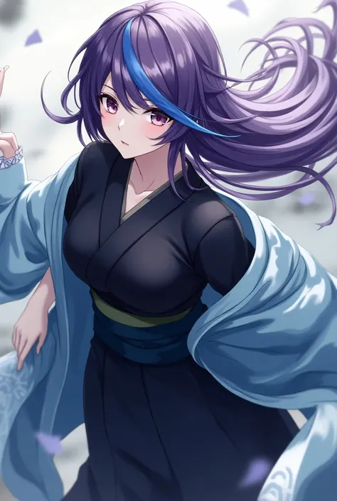 Attractive game girl with purple long hair 、 
Turn a section of the side of the bangs blue.　
 blue highlights on the side of her bangs 　Part of the bangs is blue　　 blue kimono with white triangular pattern on the cuffs　Light blue kimono coat
black hakama a...