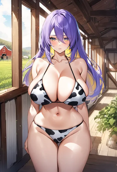 Wide hips,huge breast,round breast,long purple hair,concern,look at viewer,moona hoshinova,indoor,yellow inner hair,cow print bikini,indoor,farm,barn