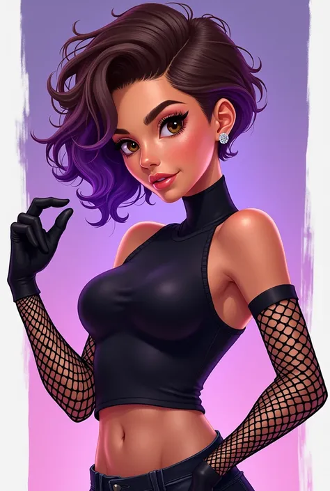 ((art animation 2D))  20 year old woman with brown hair cut in a curly pixie shape with the ends dyed purple, brown eyes, with good body, wearing a black top and net gloves 