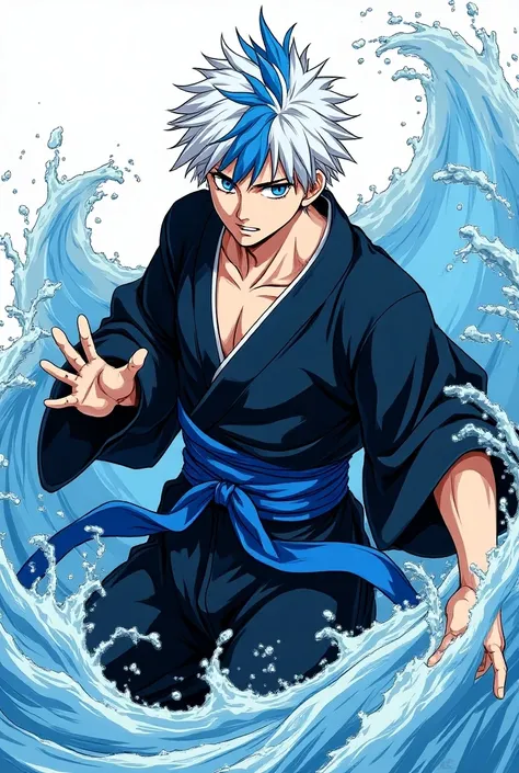 Jujutsu Kaisen Manga Art Style, Manga, Pen, Adult Male, Black Kimono, Blue Haori, Blue belt, Short White Hair with blue tips in middle part, blue eyes, water powers,