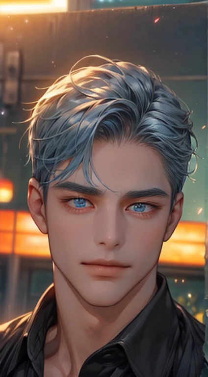 (best quality,4k,8k,highres,masterpiece:1.2),ultra-detailed,(realistic,photorealistic,photo-realistic:1.37),1 man,31 years old,mature man,very handsome,without expression,smile,short grey blue hair,blue eyes,penetrating gaze,perfect face without errors,imp...