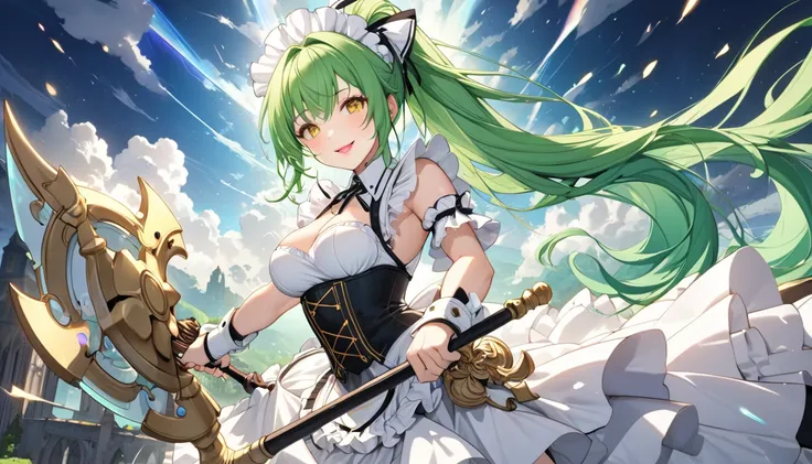 (beautiful and delicate), (holy war illustration), (solo, frontal), (beautiful ponytail) (beautiful vivid green hair beauty long hair), (best warrior girl), (best cute yellow eyes) (cute glossy lip), (cute makeup), (happy Smile), (best cute style medium ti...