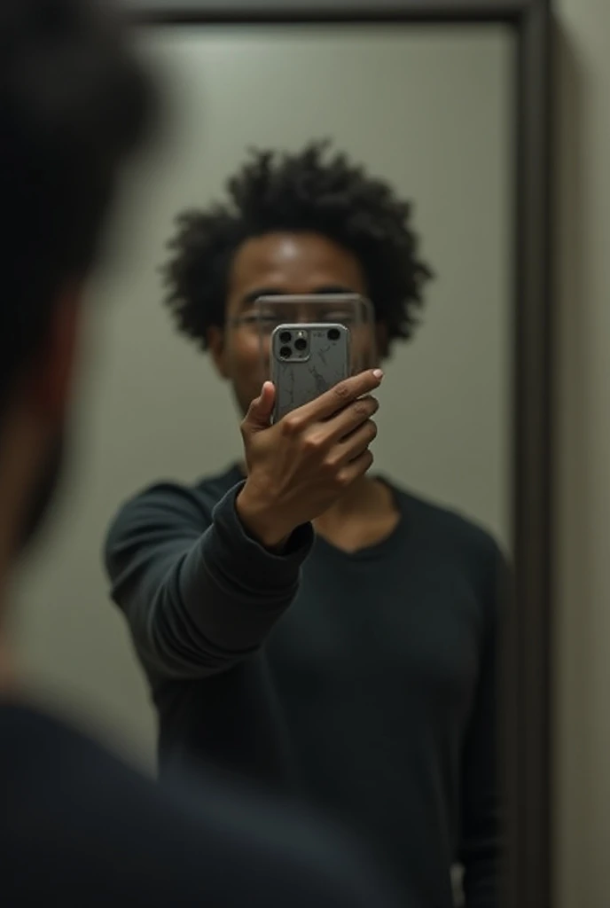 A third man taking a picture in a mirror with an iPhone and holding the iPhone with his hand