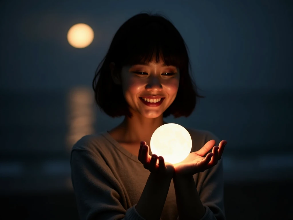  receives energy from the full moon 、 25 year old woman、 black hair、Short bob hairstyle、The moon shines on the palms of both hands 、 woman smiles looking at the moon in her palm、 imaginary、Mysterious、Realistic、High image quality、 quality like the picture 、...