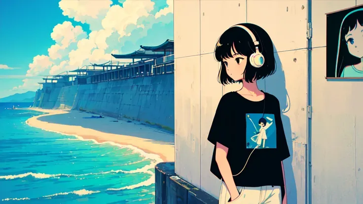 (lo-fi, retro, pale color, low contrast), (girl standing in the shade, black hair, black eyes, t-shirt, headphone), (summer sky and sea, wall with Japanese posters), (dreamy atmosphere, nostalgic)