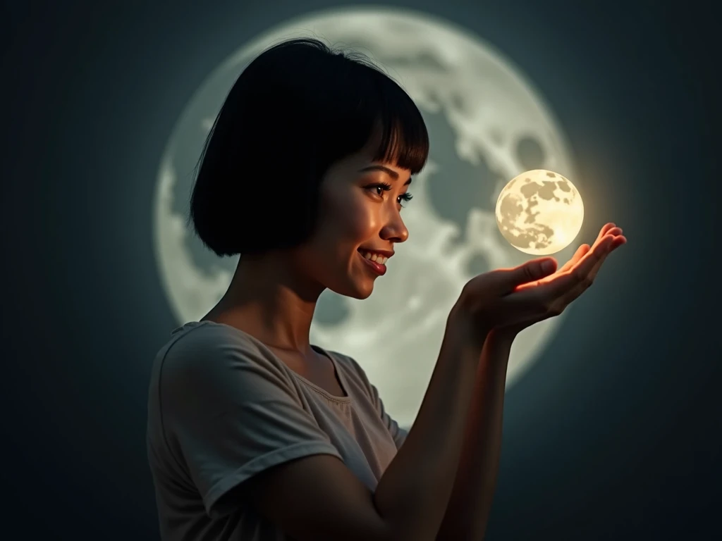  receives energy from the full moon 、 25 year old woman、 black hair、Short bob hairstyle、The moon shines on the palms of both hands 、 woman smiles looking at the moon in her palm、 imaginary、Mysterious、Realistic、High image quality、 quality like the picture 、...