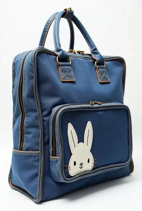 Make a pencil-style denim BAG with a rectangular shape in 3d on the front side a rectangular pocket with a lighter jean and in this pocket an embroidery of a small bunny the zipped toiletry bag 