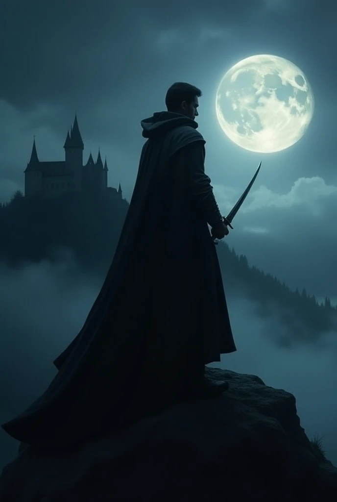 night background, with a castle in the distance on the left side , full moon. fog, clouds,  with a Guerrera Parano person on a mountain, with the Face of Vlad III , with black cape ,  cape lifted by the wind ,  with a sword in the right hand, posing sidewa...