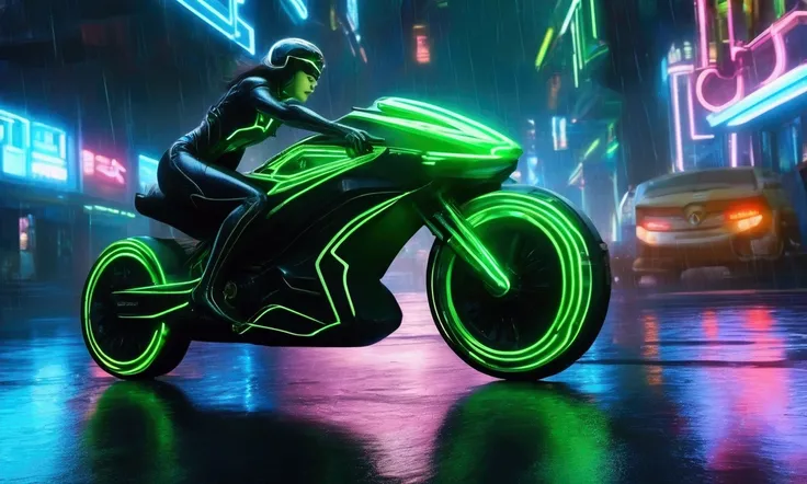 a cute woman in Tron world (cute, age 25, green neon high light sexy body suit, riding a Tron light cycle) is hurrying to a blue neon building on a Tron neon lit street at night. busy Tron city in rain
