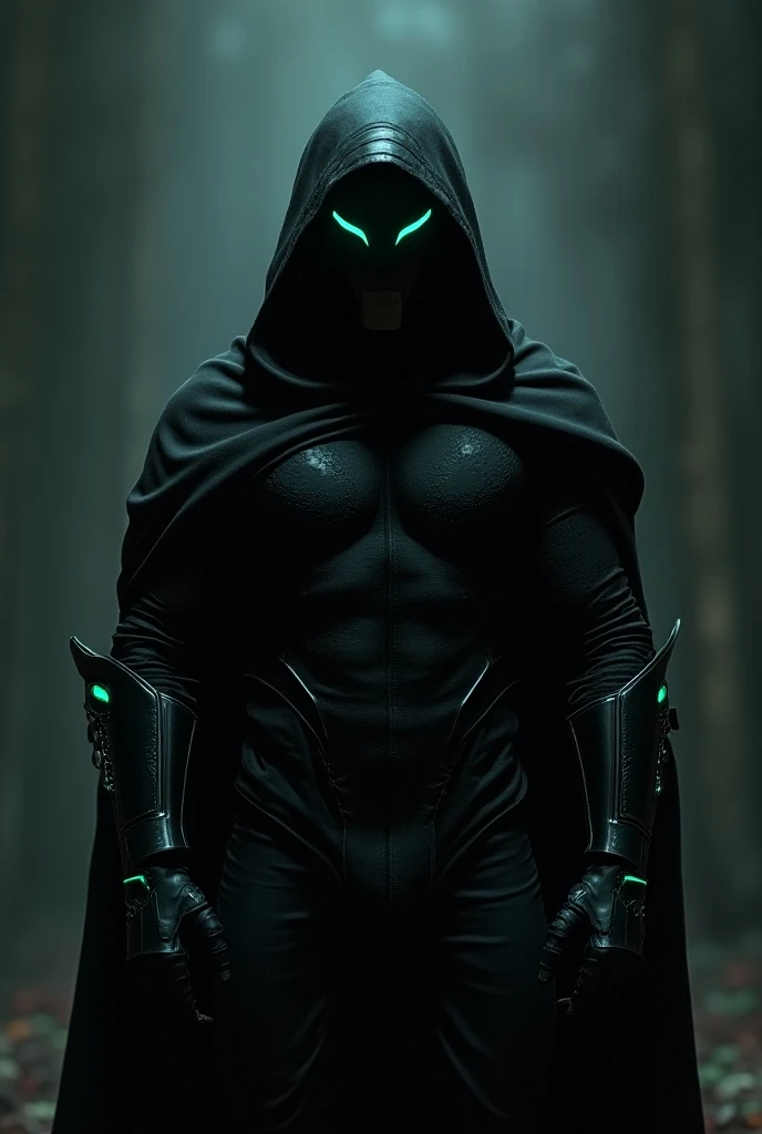 a close up of a Echo knight in black clothes wearing a knight helmet with a hood over it, no weapons and crossing his arms, more clothes. give him glowing mint colored accents,  concept art inspired by Raymond Swanland, trending on Artstation, fantasy art,...