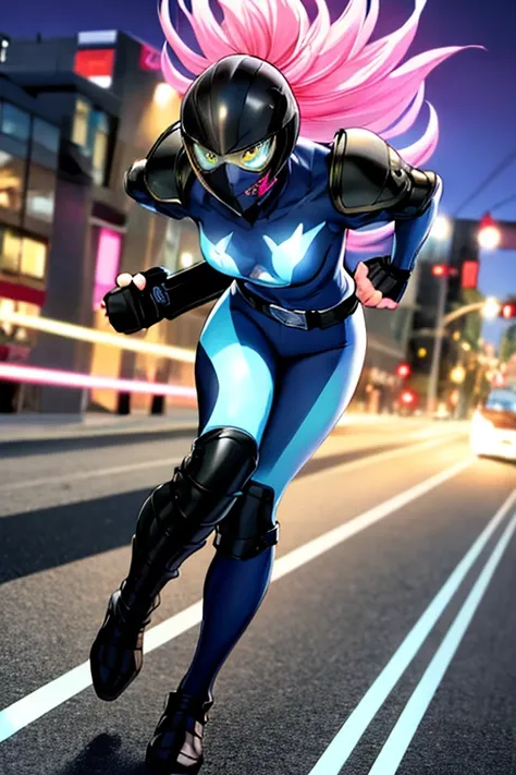 ((best quality)), ((masterpiece)), (detailed), 1 girl, full body, 20s, young adult, masked, black mask covering her mouth, smooth head, pink motorcycle helmet, motorcycle helmet with black details, flashlight on her forehead, short pink hair coming out of ...