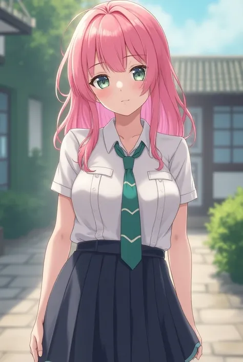 Pink pastel hair, Mint eyes, E Cup, Student suit, High school , Senior 