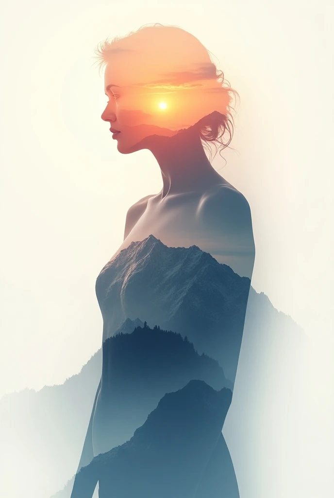 dream, colorful, High-quality 8K Ultra HD, A beautiful stunning double exposure of a serene , theres a serene goddess silhouette with a sunset natural mountainous underlying backdrop, intricate details of the mountains seamlessly incorporated into the godd...