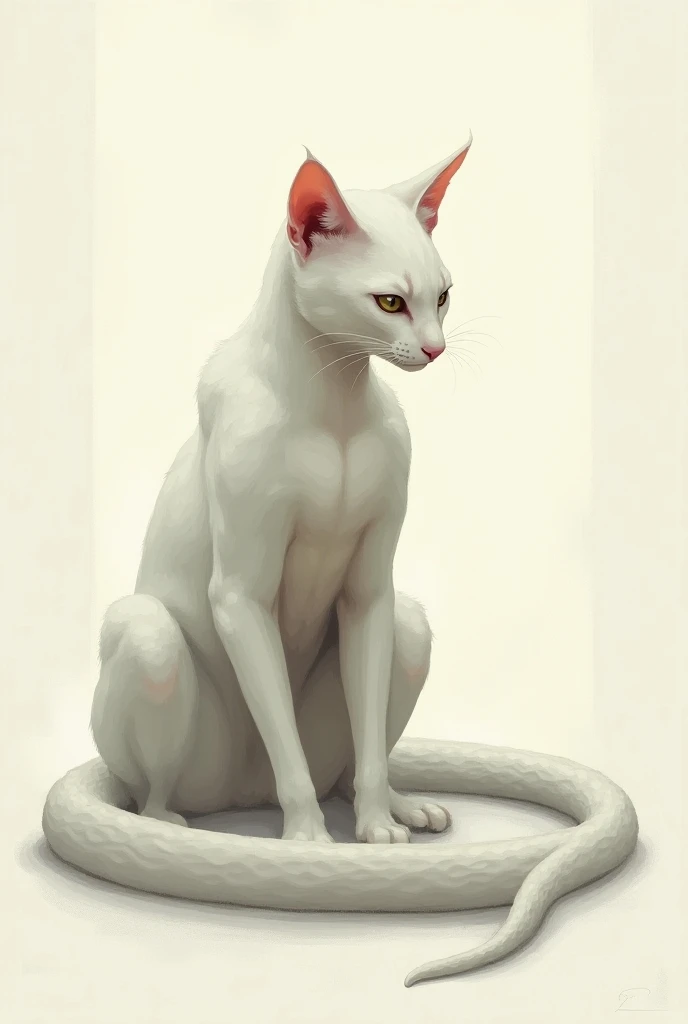 A white colored cat, its lower part from the stomach is like a snake and the upper body is like a cat. like the indian serial naagin 