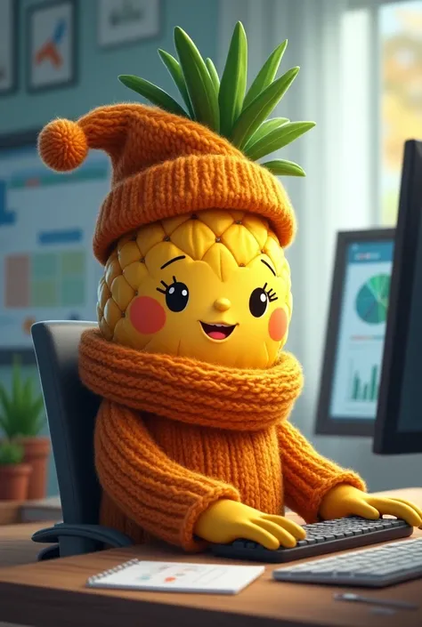 A pineapple with a cap and sweater on a computer creating marketing