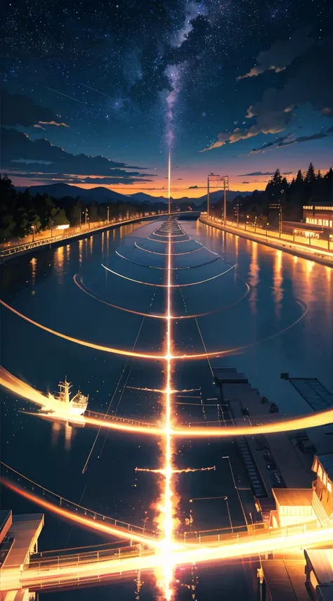 High quality masterpiece, landscape, anime train passing through bodies of water on tracks, bright starry sky. Romantic train, pixiv, concept art, lofi art style, reflection. by Makoto Shinkai, lofi art, Beautiful anime scene, Anime landscape, detailed sce...