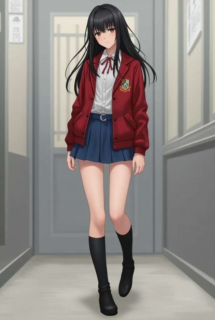  Create a Full Body Fan Art , Of A Young Woman With Black Hair Below Her Shoulder,  Thin White denim skirt in a school uniform .
 Uniform Description :
a short white blouse .
 A red jacket with the school coat of arms ( Called Las Estrellas ).
 A short blu...