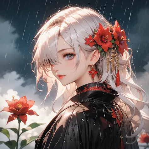 1girl,solo,1girl,solo,((beautiful detailed eyes)), (detailed light),depth of field,(white hair),silver eyes,hair over one eye,(red flower ), hair flower,long hair,black cloak,wet,emotionless,looking back,night,starfall,raining,fog,red flowers falling,sketc...