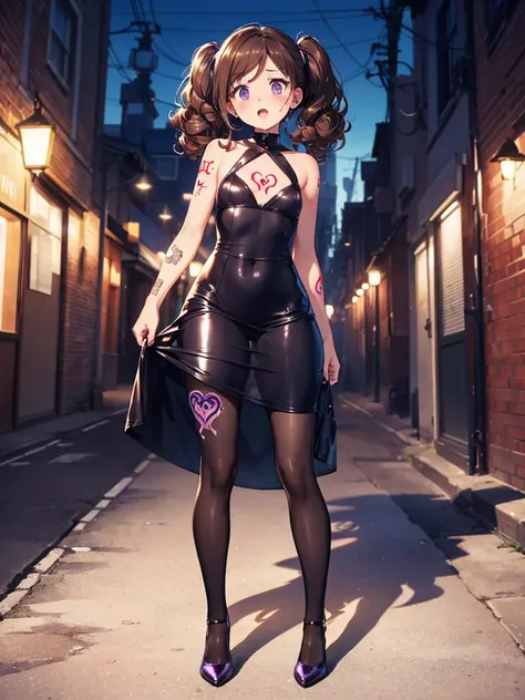 (masterpiece), 4K,woman,  short stature  , smaller breasts, small ass ,Long Hair, curly twin tails,Realistic,  skinny,((purple shiny retro dress)), (( surprised face)),tights, Blushing ,  open your mouth ,Brown Hair, Full Body Wide Angle Shot , (((tattoo a...