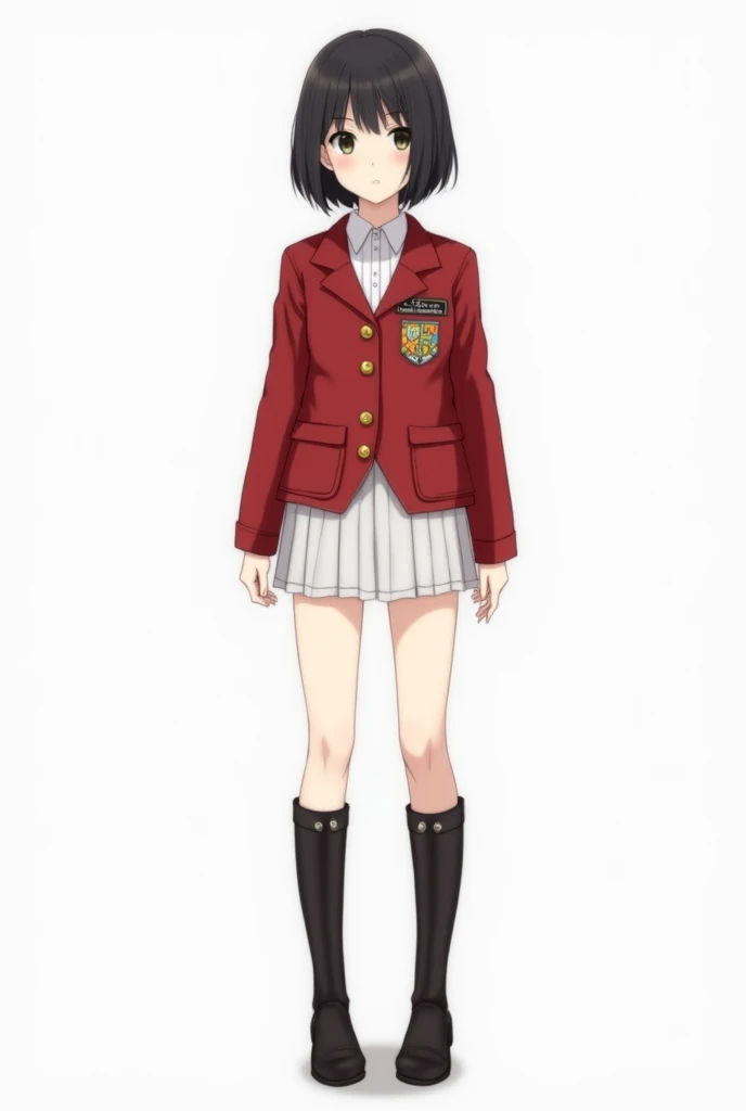  Create a Full Body Fan Art , Of A Young Girl With Slightly Short Black Hair,  Thin White denim skirt in a school uniform .
 Uniform Description :
a short white blouse .
 A red jacket with the school coat of arms ( Called Las Estrellas ).
 A short blue .
A...